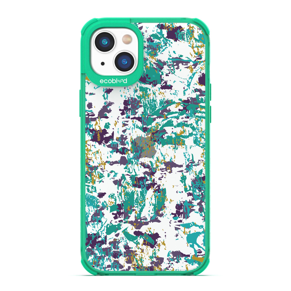 Contemporary Collection - Green Compostable iPhone 14 Plus Case - Abstract Expressionist Paint Splatter On A Clear Back