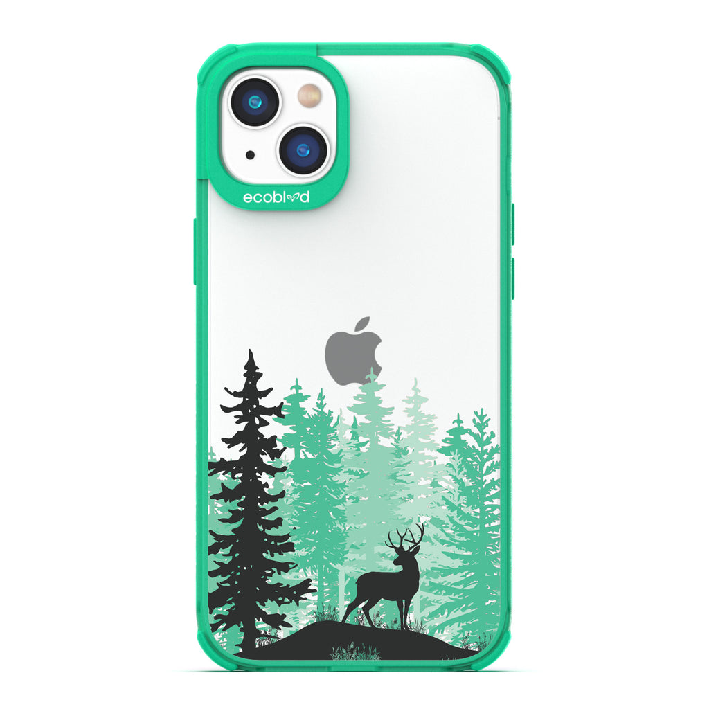Winter Collection - Green Compostable iPhone 14 Case - Wild Stag Standing On Boulder In The Woods On Clear Back