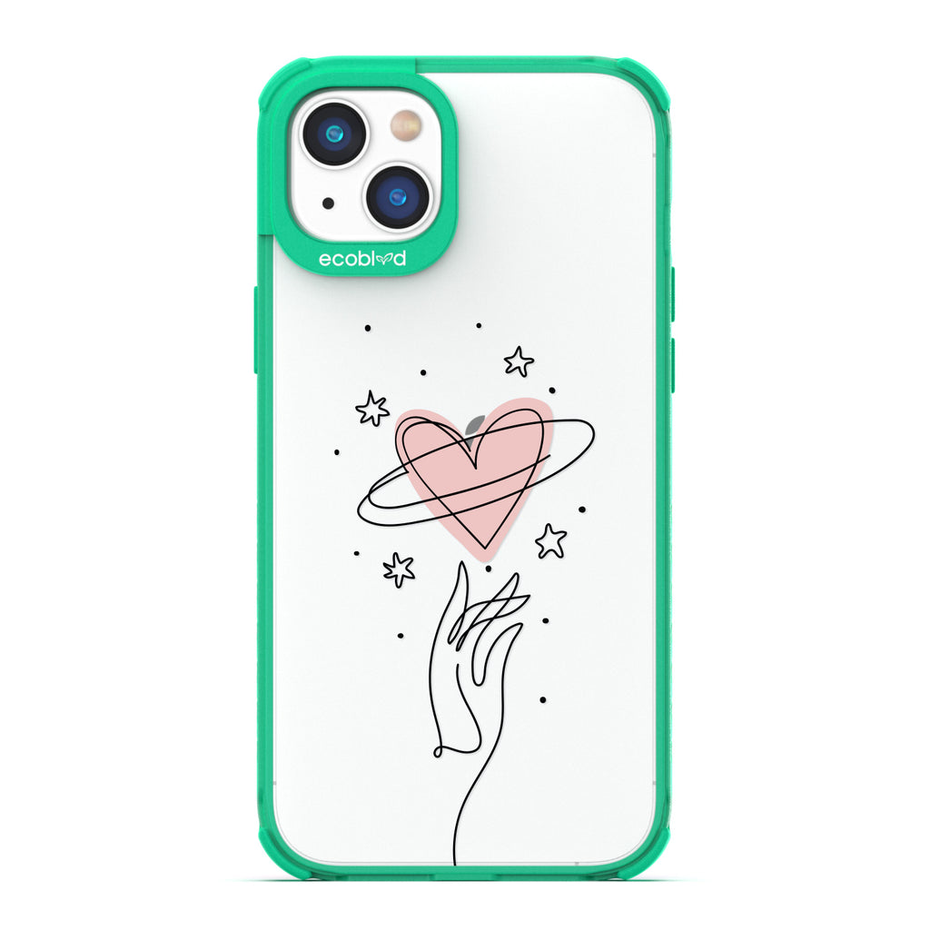 Be Still My Heart - Green Compostable iPhone 14 Case - Line Art Hand Reaching Out For Pink Heart, Stars On A Clear Back