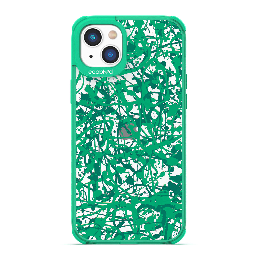 Contemporary Collection - Green Compostable iPhone 14 Plus Case - Abstract Pollock-Style Painting On A Clear Back