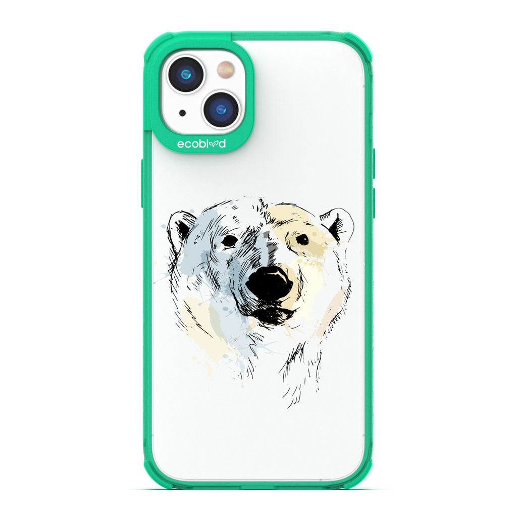 Winter Collection - Green Compostable iPhone 14 Case - Illustrated Polar Bear Face On Clear Back