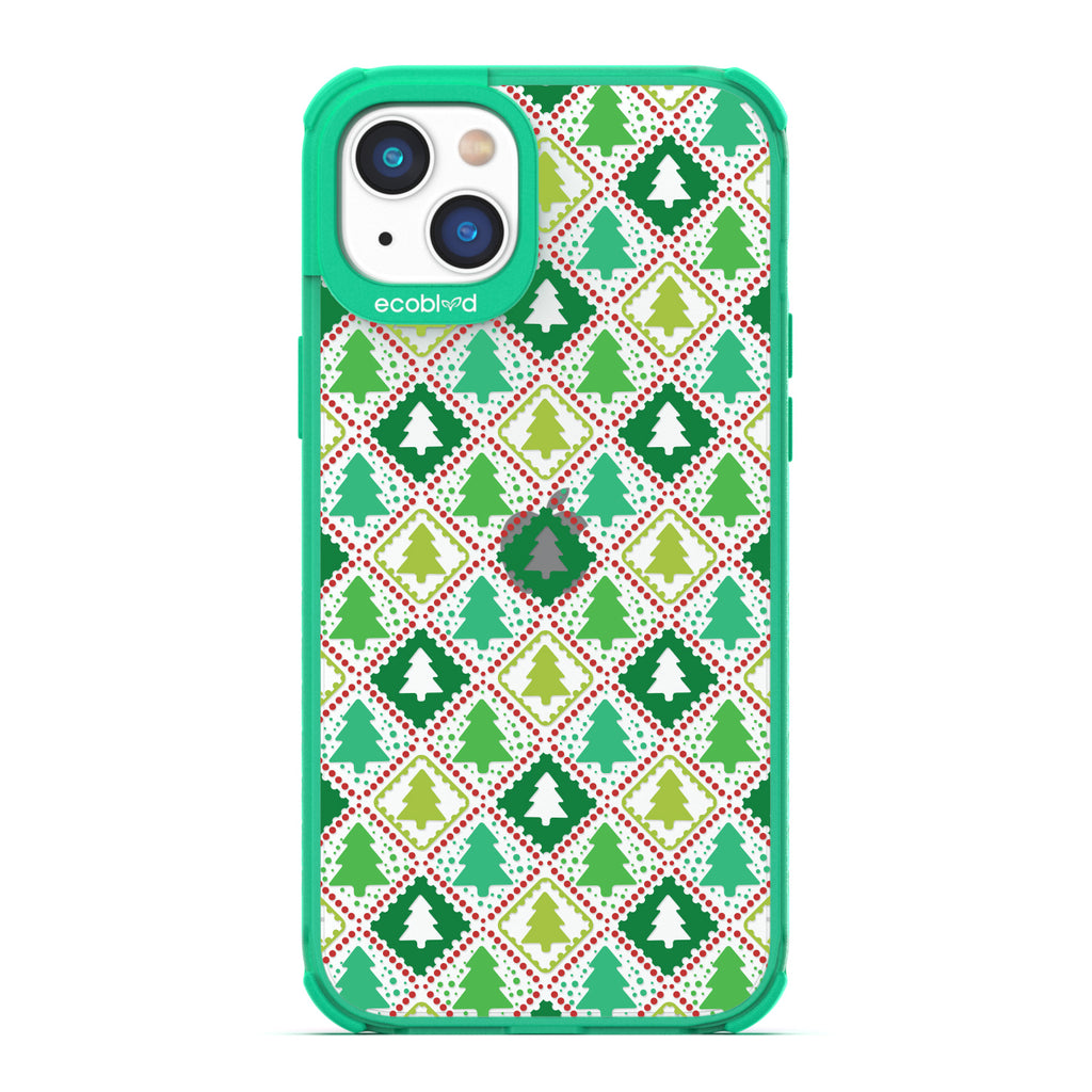 Winter Collection - Green Compostable Laguna iPhone 14 Case With A Christmas Tree Wrapping Paper Print On A Clear Back