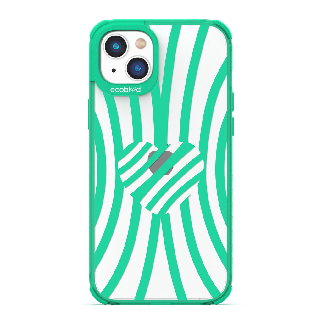 Love Collection - Green Compostable iPhone 14 Case - Green Zebra Stripes & A Heart In The Center On A Clear Back