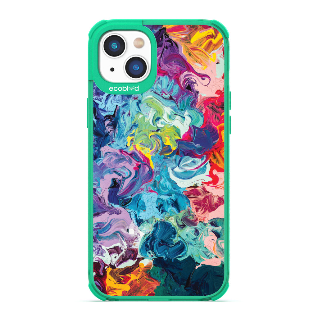 Contemporary Collection - Green Compostable iPhone 14 Plus Case - Abstract Colorful Oil Painting On A Clear Back