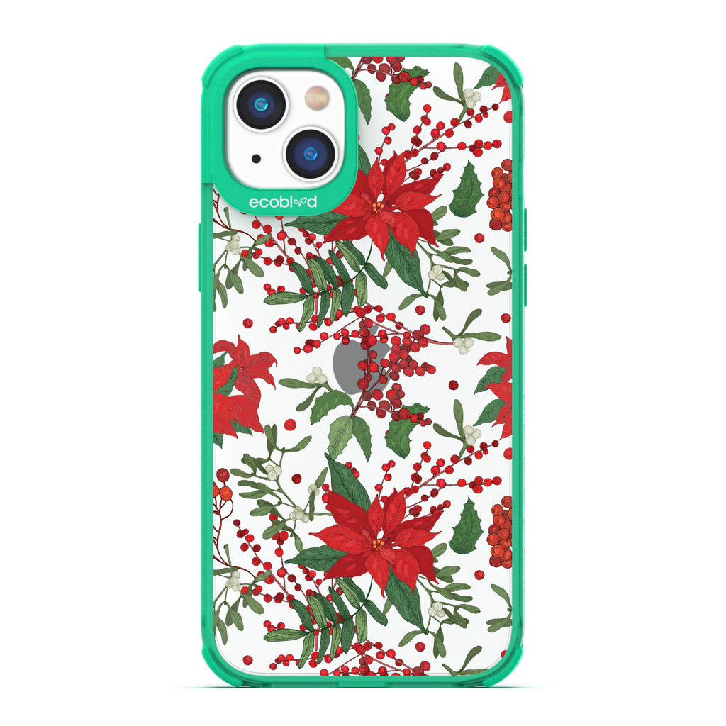 Winter Collection - Green Compostable iPhone 14 Plus Case - Illustrated Poinsettia Floral Print On Clear Back