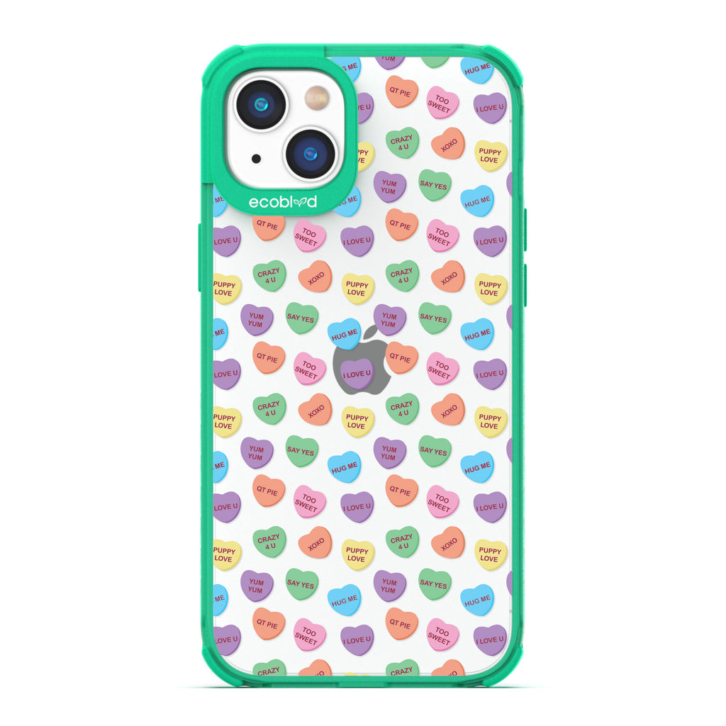 Love Collection - Green Compostable iPhone 14 Plus Case - Pastel Candy Hearts With Romantic Quotes On A Clear Back