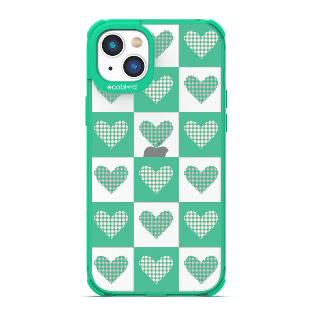 Love Collection - Green Compostable iPhone 14 Plus Case - Green Checkered Print With Knitted Hearts On A Clear Back