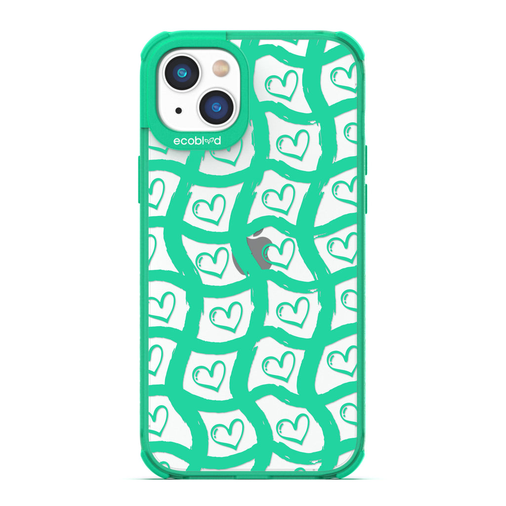 Love Collection - Green Compostable iPhone 14 Case - Wavy Paint Stroke Checker Print With Hearts On A Clear Back
