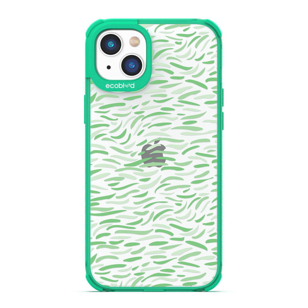 Timeless Collection - Green Laguna Compostable iPhone 14 Plus Case With Abstract Paint Brush Strokes On A Clear Back