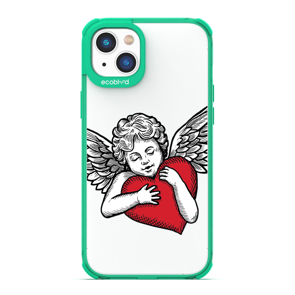 Love Collection - Green Compostable iPhone 14 Plus Case - Black & Grey Tattoo Style Cupid Holding Red Heart On A Clear Back