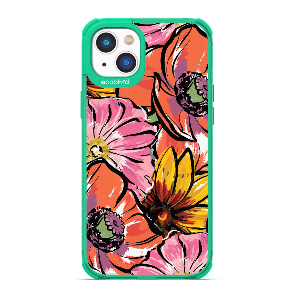 Spring Collection - Green Compostable iPhone 14 Case - Watercolor Spring Flowers Painting On A Clear Back