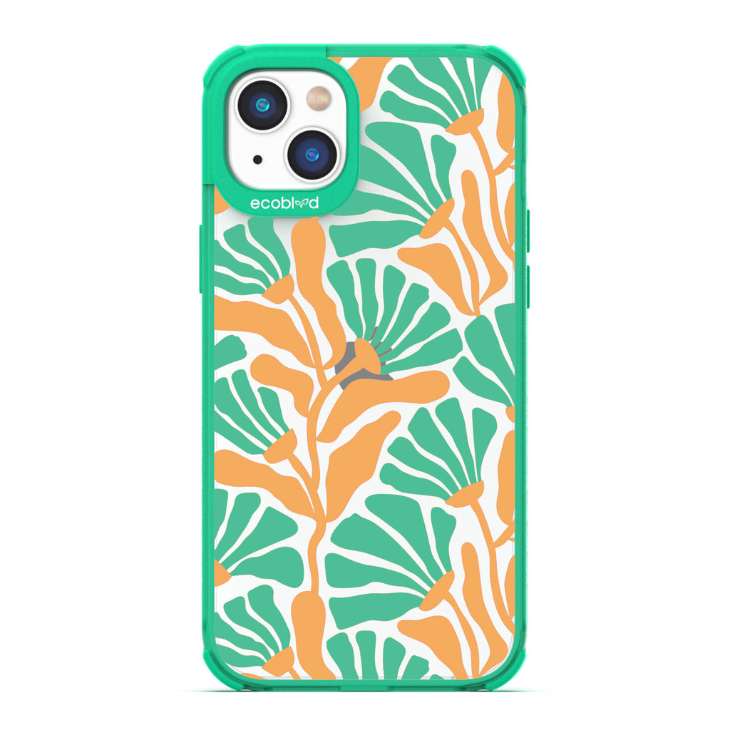 Spring Collection - Green Compostable iPhone 14 Plus Case - Tropical Flowers With Tan Base & Green Petals On A Clear Back