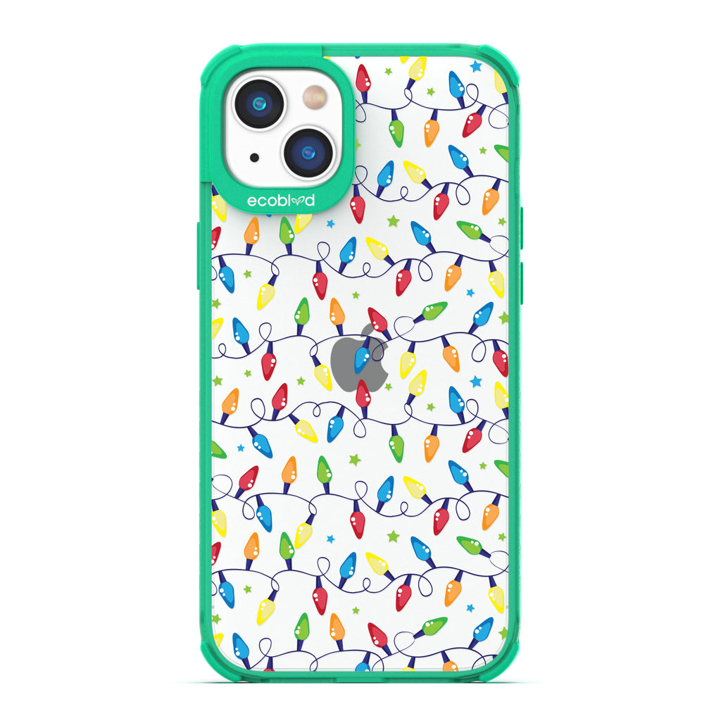 Winter Collection - Green Compostable Laguna iPhone 14 Plus Case With Multicolored Christmas Lights & Stars On A Clear Back