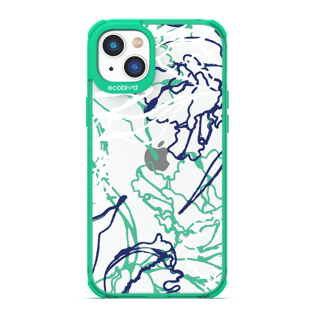 Contemporary Collection - Green Compostable iPhone 14 Plus Case - Minimalist Abstract Lines & Squiggles On A Clear Back