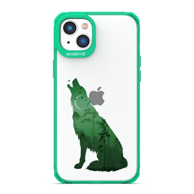Laguna Collection - Green Eco-Friendly iPhone 14 Case With A Howling Wolf And Moonlit Woodlands Print On A Clear Back