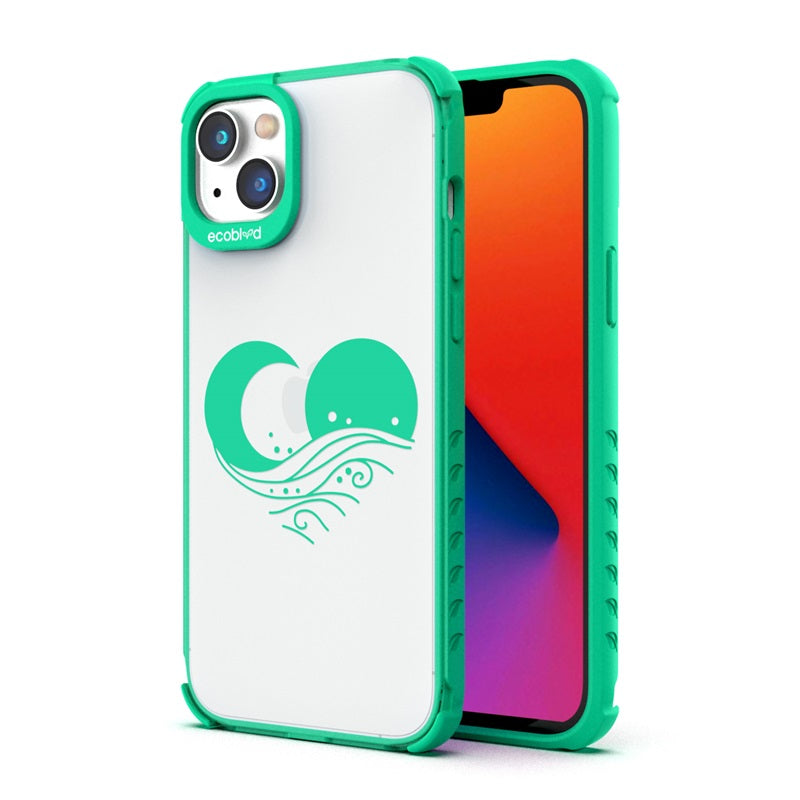 Back View Of The Green Compostable iPhone 14 Laguna Case With The Eternal Wave Design & Front View Of The Screen