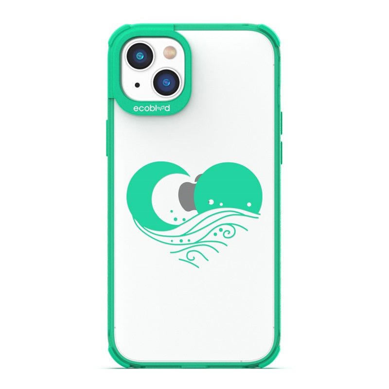 Laguna Collection - Green Eco-Friendly Apple iPhone 14 Case With The Sun, Moon & A Wave Forming A Heart On A Clear Back