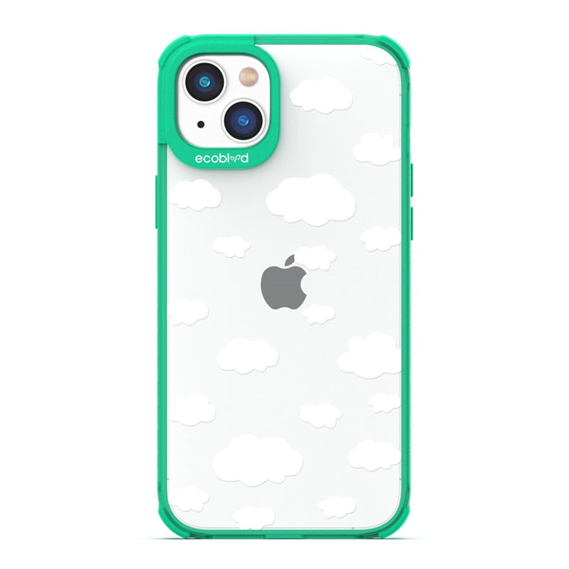 Laguna Collection - Green Eco-Friendly Apple iPhone 14 Case With A Fluffy White Cartoon Clouds Print On A Clear Back