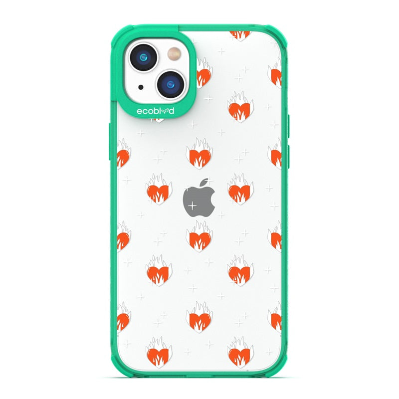 Laguna Collection - Green Eco-Friendly Apple iPhone 14 Case With A Flaming Red Hearts And Stars Pattern On A Clear Back