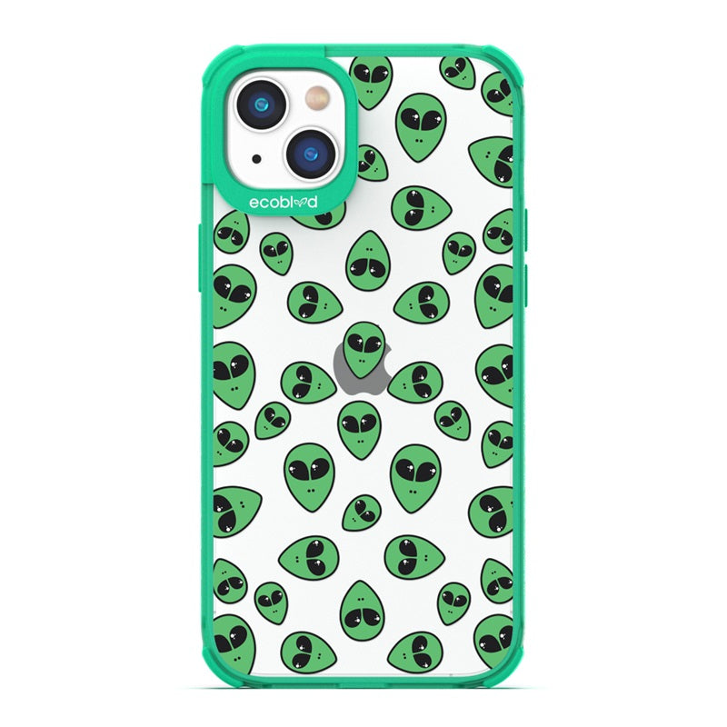 Laguna Collection - Green Eco-Friendly iPhone 14 Case With Green Cartoon Alien Heads On A Clear Back - Compostable 