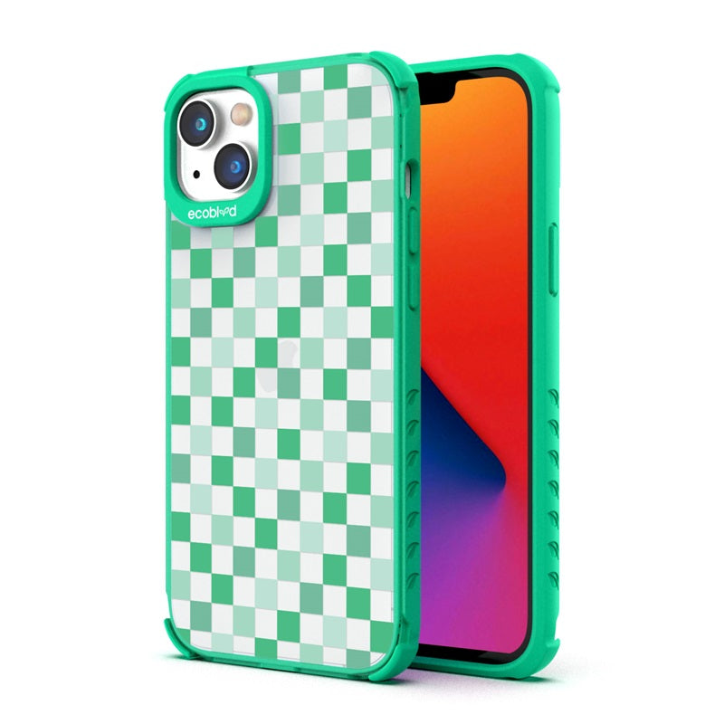 Back View Of The Green iPhone 14 Laguna Case With The Checkered Print Design On A Clear Back And Front View Of The Screen