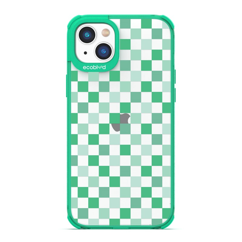 Laguna Collection - Green Eco-Friendly Apple iPhone 14 Case With A Checkered Print Pattern On A Clear Back 