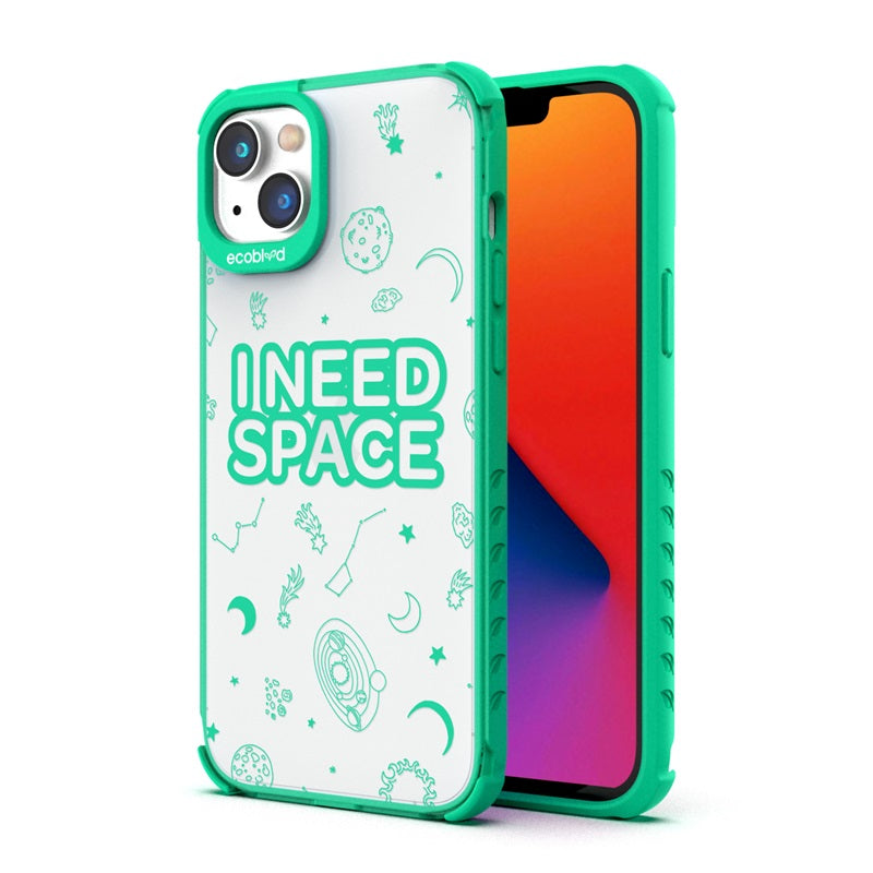 Back View Of The Green Compostable iPhone 14 Laguna Case With I Need Space Design & Front View Of The Screen