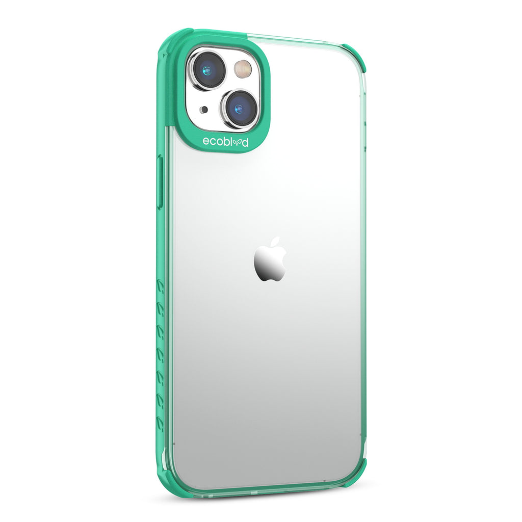 Right View Of Green Laguna Collection iPhone 14 Case With A Clear Back Showing Raised Camera Ring & Non-Slip Grip