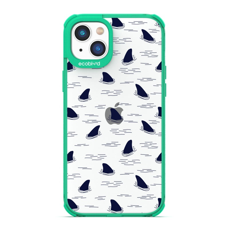 Laguna Collection - Green Eco-Friendly iPhone 14 Case With Shark Fins Peeking From Water On A Clear Back - Compostable
