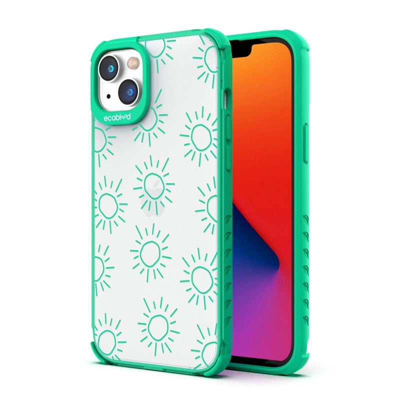 Back View Of The Green iPhone 14 Laguna Case With The Sun Design On A Clear Back And Front View Of The Screen