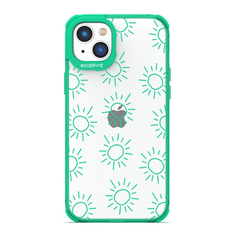 Laguna Collection - Green Eco-Friendly iPhone 14 Case With A Hand Drawn Sun Pattern On A Clear Back - Compostable