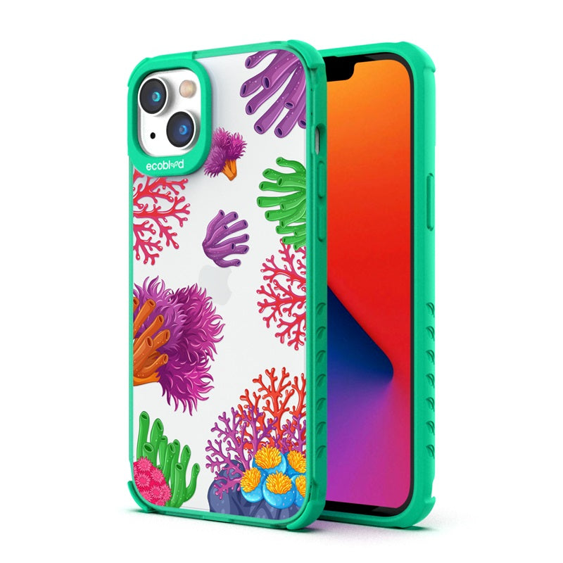 Back View Of Green Compostable iPhone 14 Laguna Case With The Coral Reef Design & Front View Of The Screen