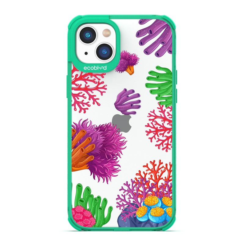 Laguna Collection - Green Eco-Friendly Apple iPhone 14 Case With A Colorful Underwater Coral Reef Pattern On A Clear Back
