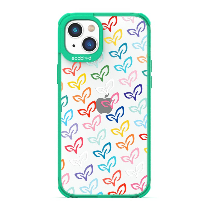 Laguna Collection - Green Eco-Friendly iPhone 14 Case With Colorful V-Leaf Monogram Print On A Clear Back - Compostable
