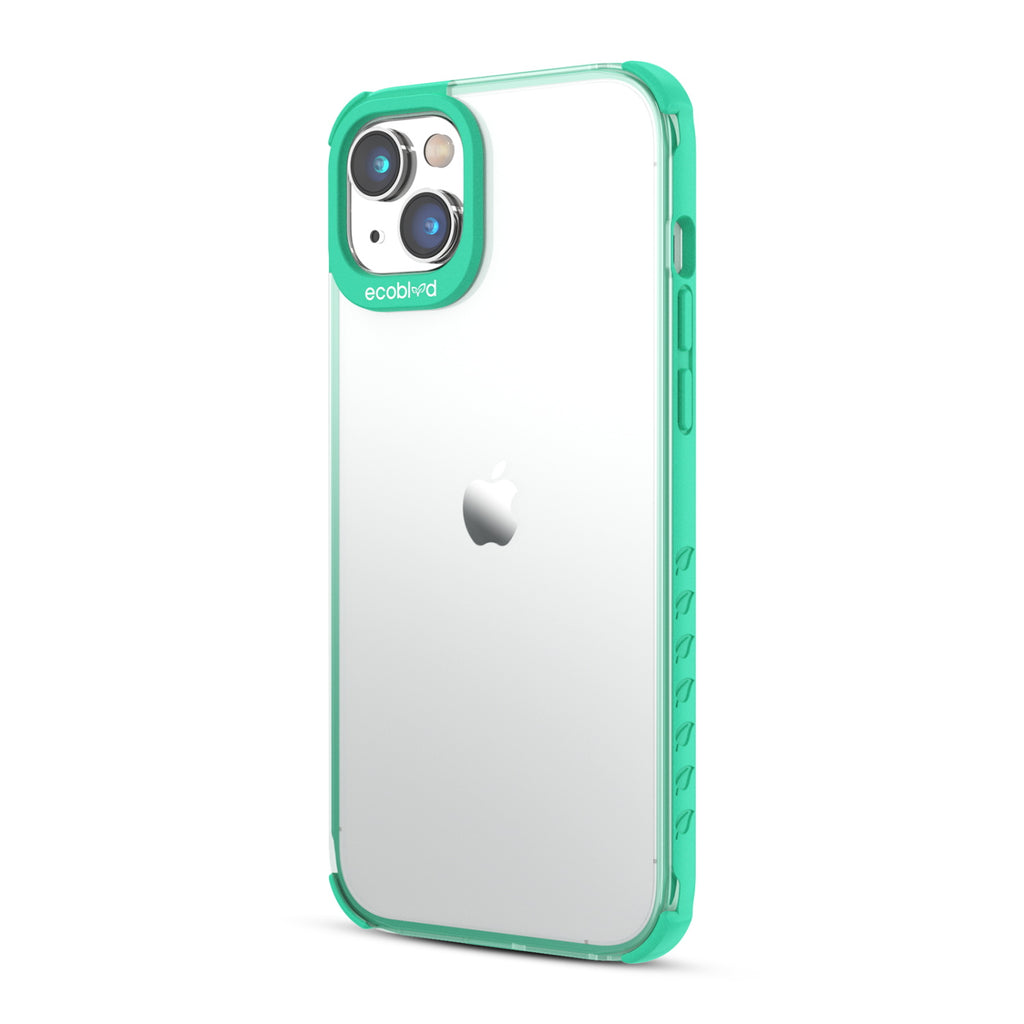 Left View Of Green Laguna Collection iPhone 14 Case With A Clear Back Showing Volume Buttons & Non-Slip Grip