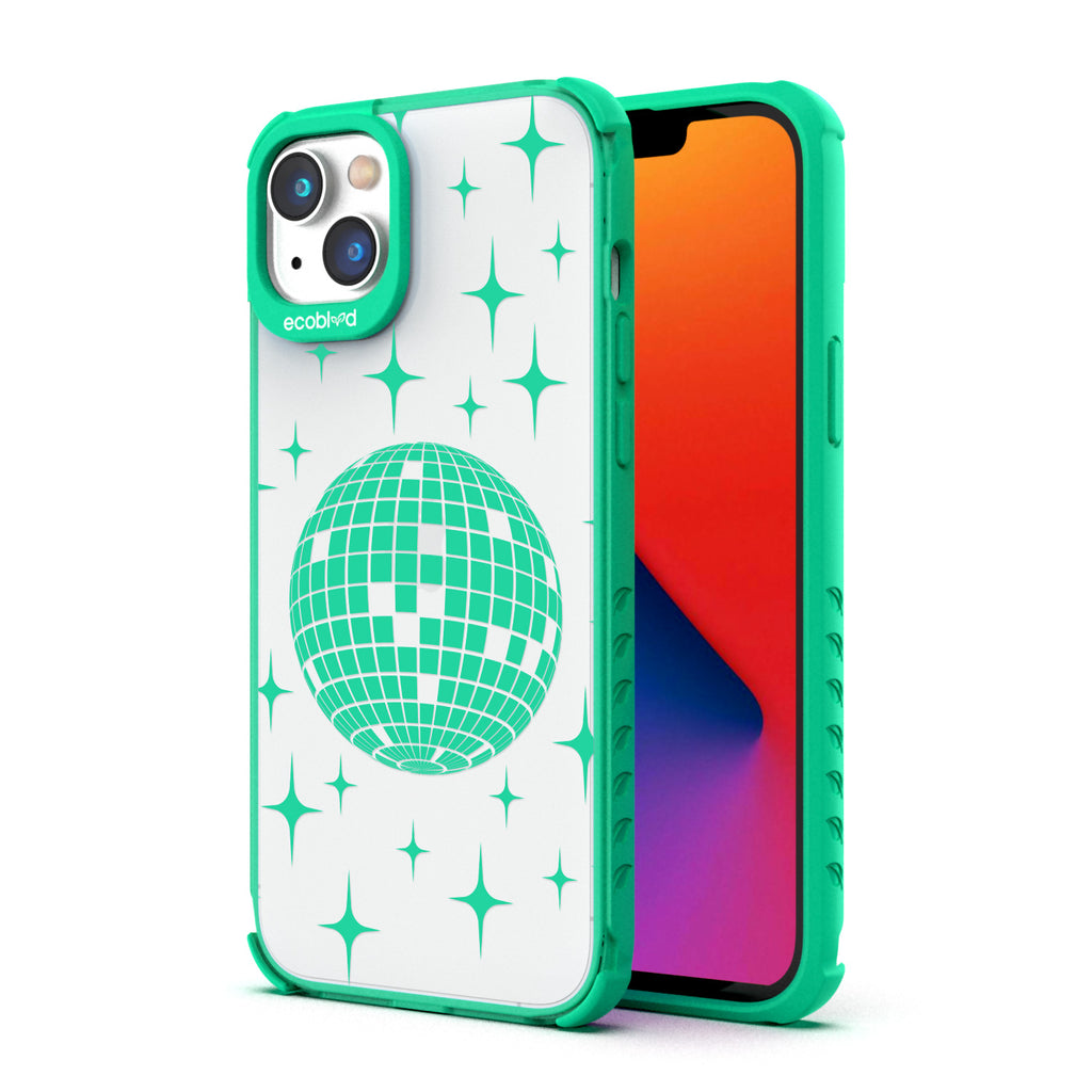 Back View Of Green Compostable iPhone 14 Plus Clear Case With The Disco With The Flow Design & Front View Of Screen