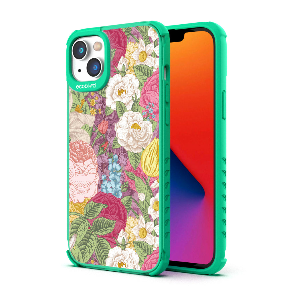 Back View Of Eco-Friendly Green Phone 14 Timeless Laguna Case With The In Bloom Design & Front View Of The Screen 