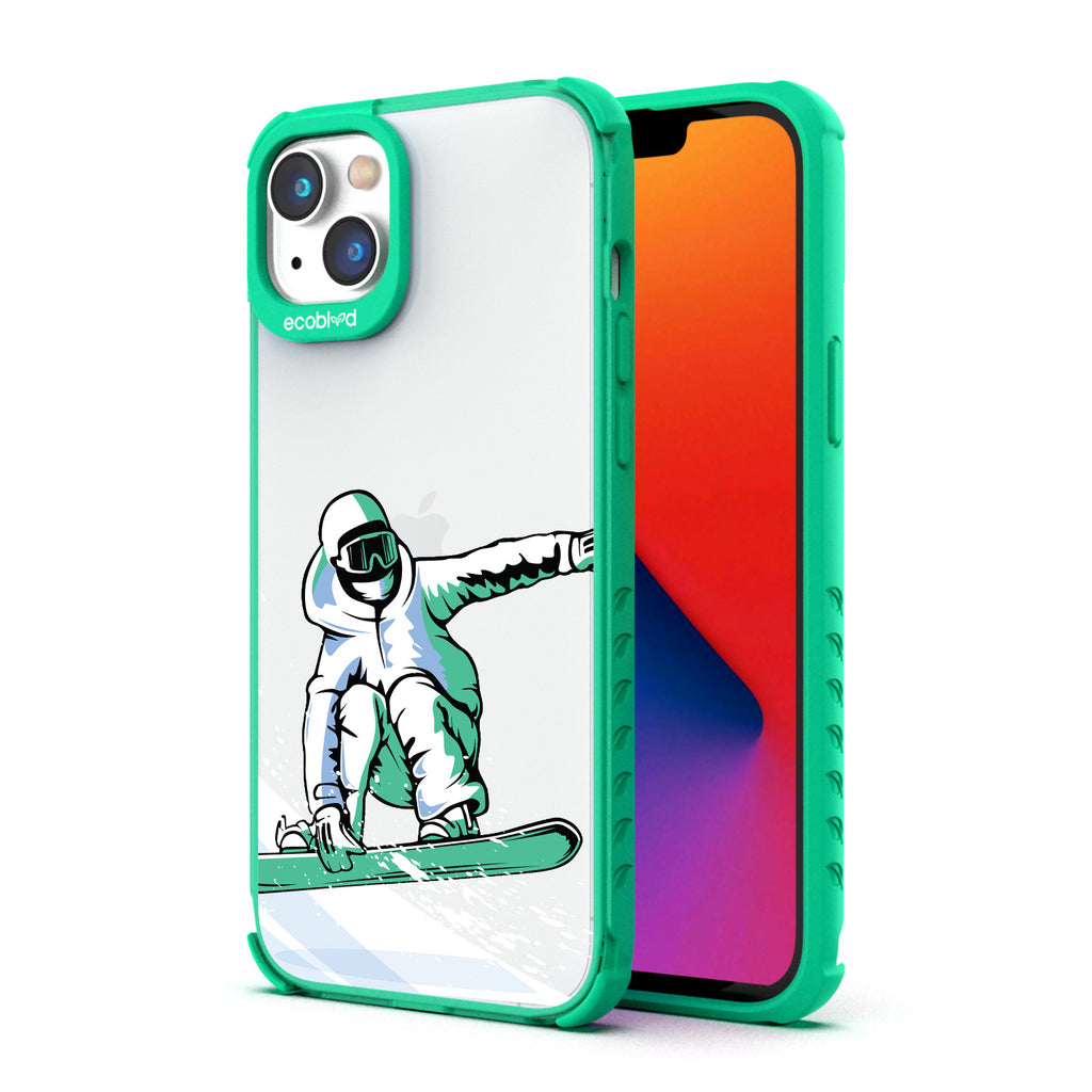 Back View Of Green Compostable iPhone 14 Clear Case With The Shreddin' The Gnar Design & Front View Of Screen