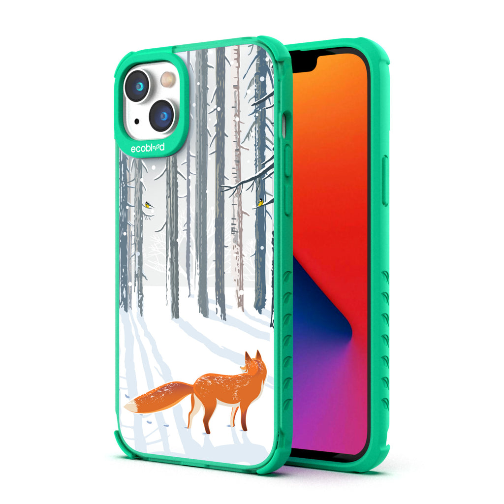 Back View Of Green Eco-Friendly iPhone 14 Plus Clear Case With The Fox Trot In The Snow Design & Front View Of Screen