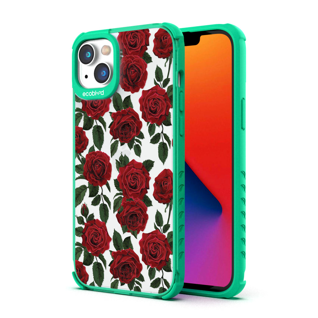 Back View Of Green Eco-Friendly iPhone 14 Plus Clear Case With The Smell The Roses Design & Front View Of Screen