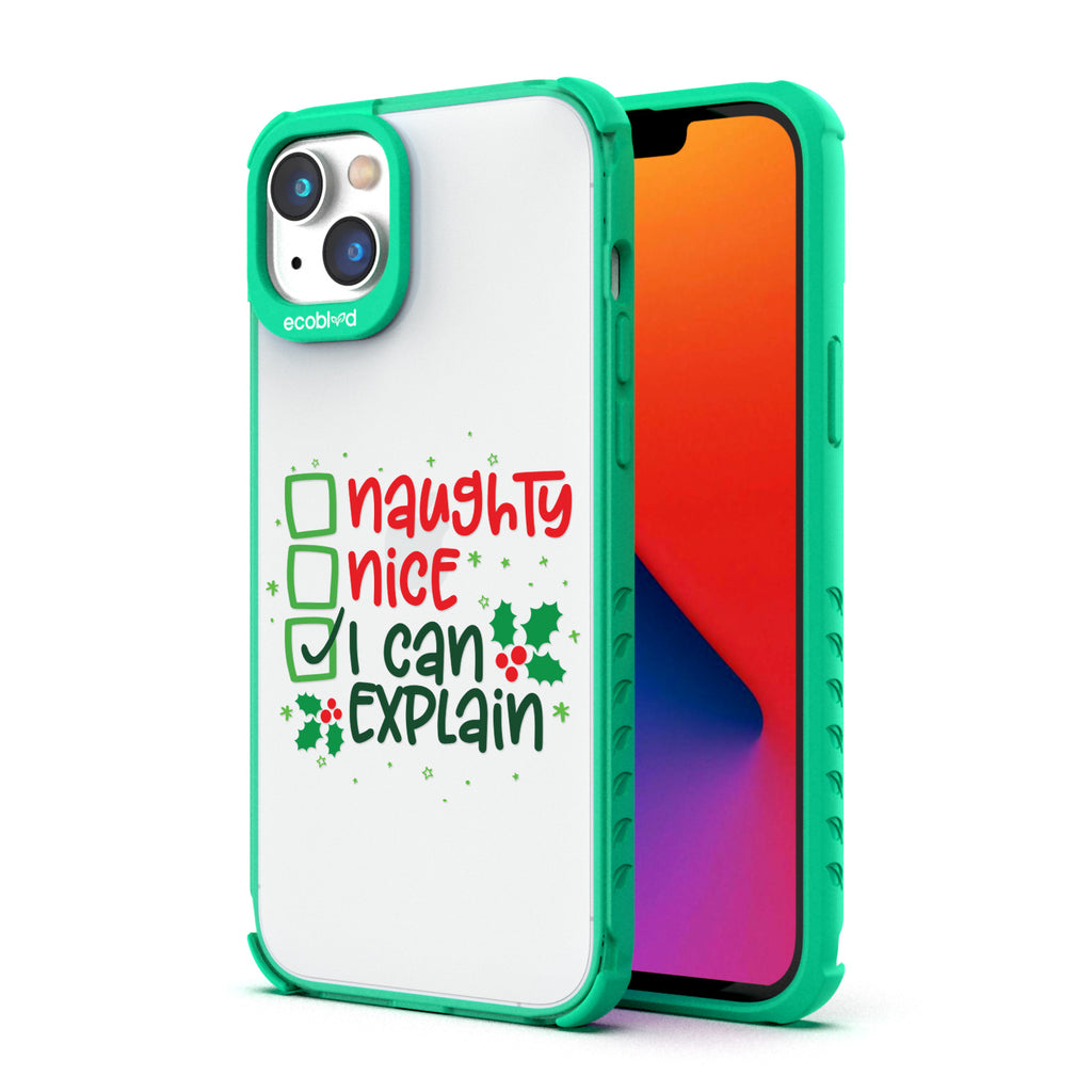 Back View Of Eco-Friendly Green iPhone 14 Winter Laguna Case With I Can Explain Design & Front View Of The Screen