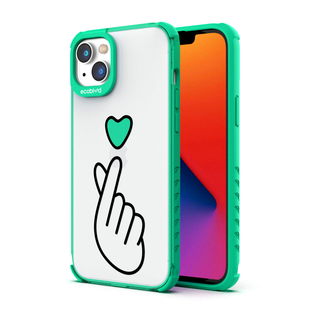 Back View Of Green Eco-Friendly iPhone 14 Plus Clear Case With The Finger Heart Design & Front View Of Screen
