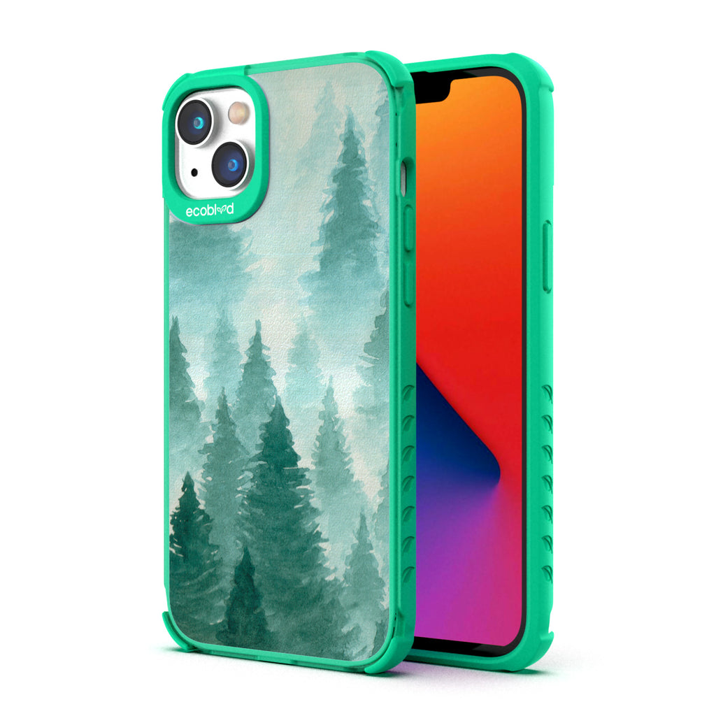 Back View Of Eco-Friendly Green iPhone 14 Winter Laguna Case With A Winter Pine Design & Front View Of Screen