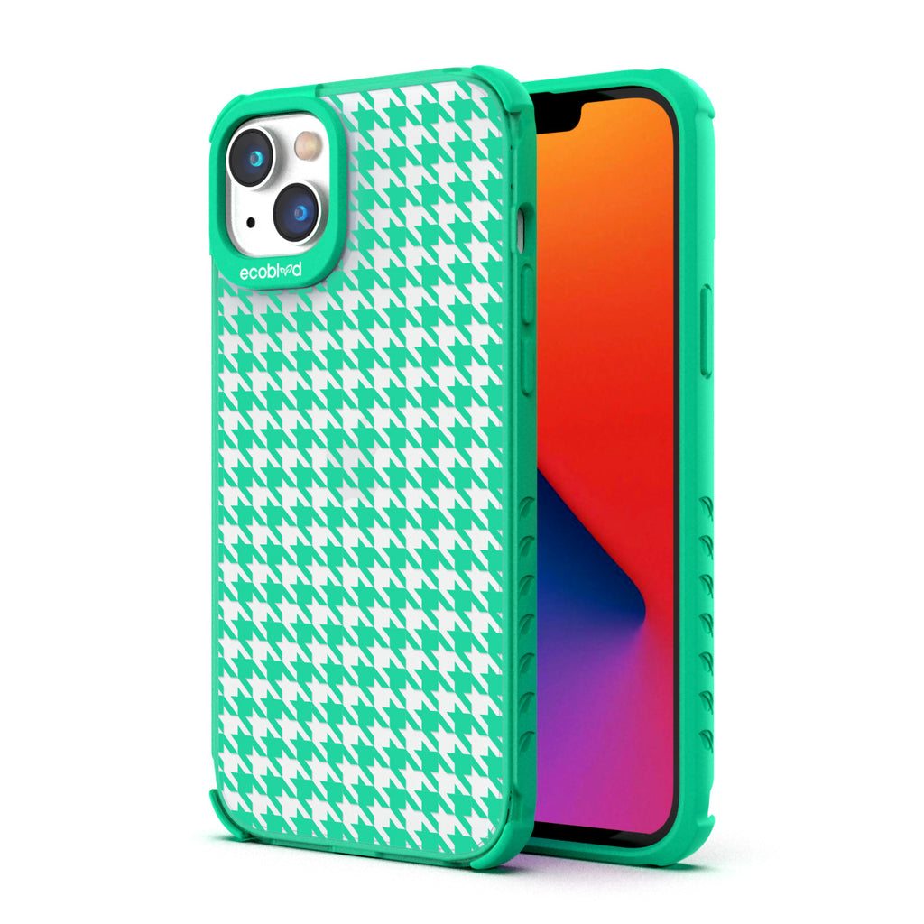 Back View Of Eco-Friendly Green iPhone 14 Timeless Laguna Case With Houndstooth Design & Front View Of Screen 