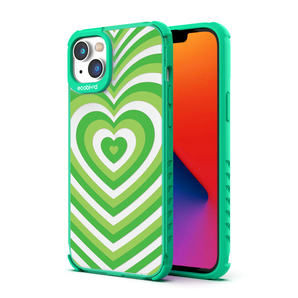 Back View Of Green Eco-Friendly iPhone 14 Clear Case With The Tunnel Of Love Design & Front View Of Screen
