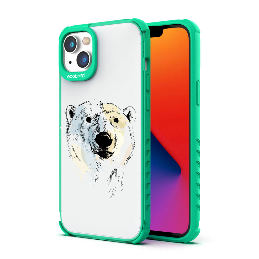 Back View Of Green Eco-Friendly iPhone 14 Plus Clear Case With The Polar Bear Design & Front View Of Screen