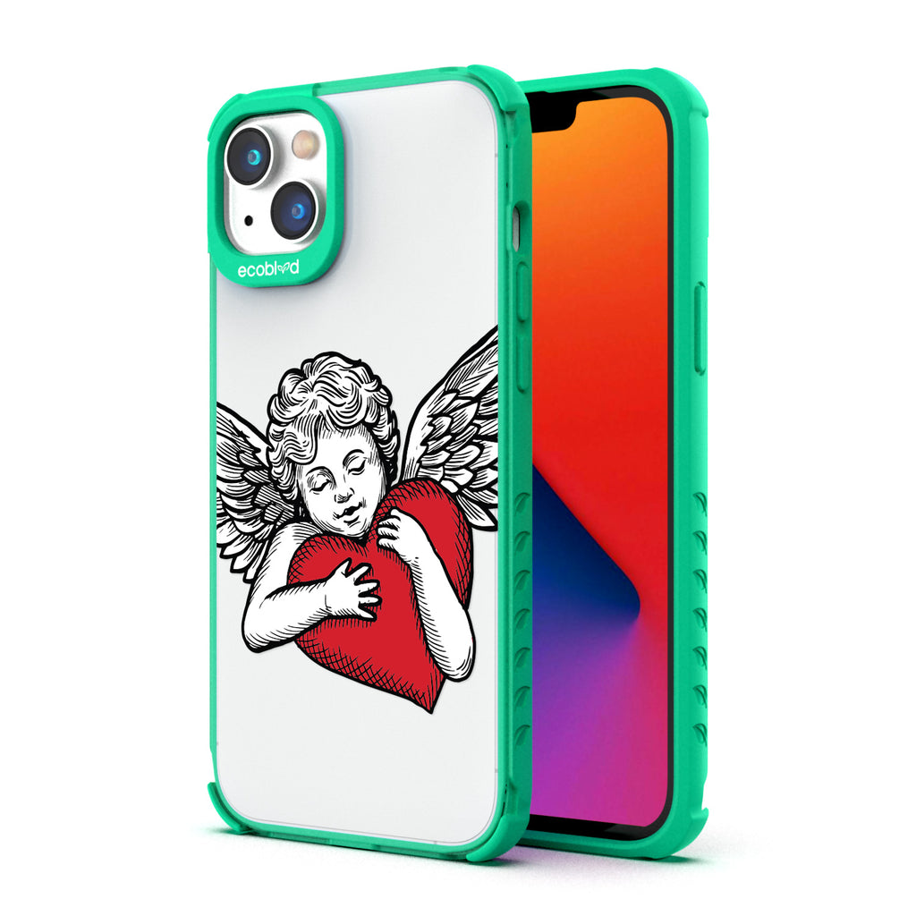 Back View Of Green Eco-Friendly iPhone 14 Clear Case With The Cupid Design & Front View Of Screen