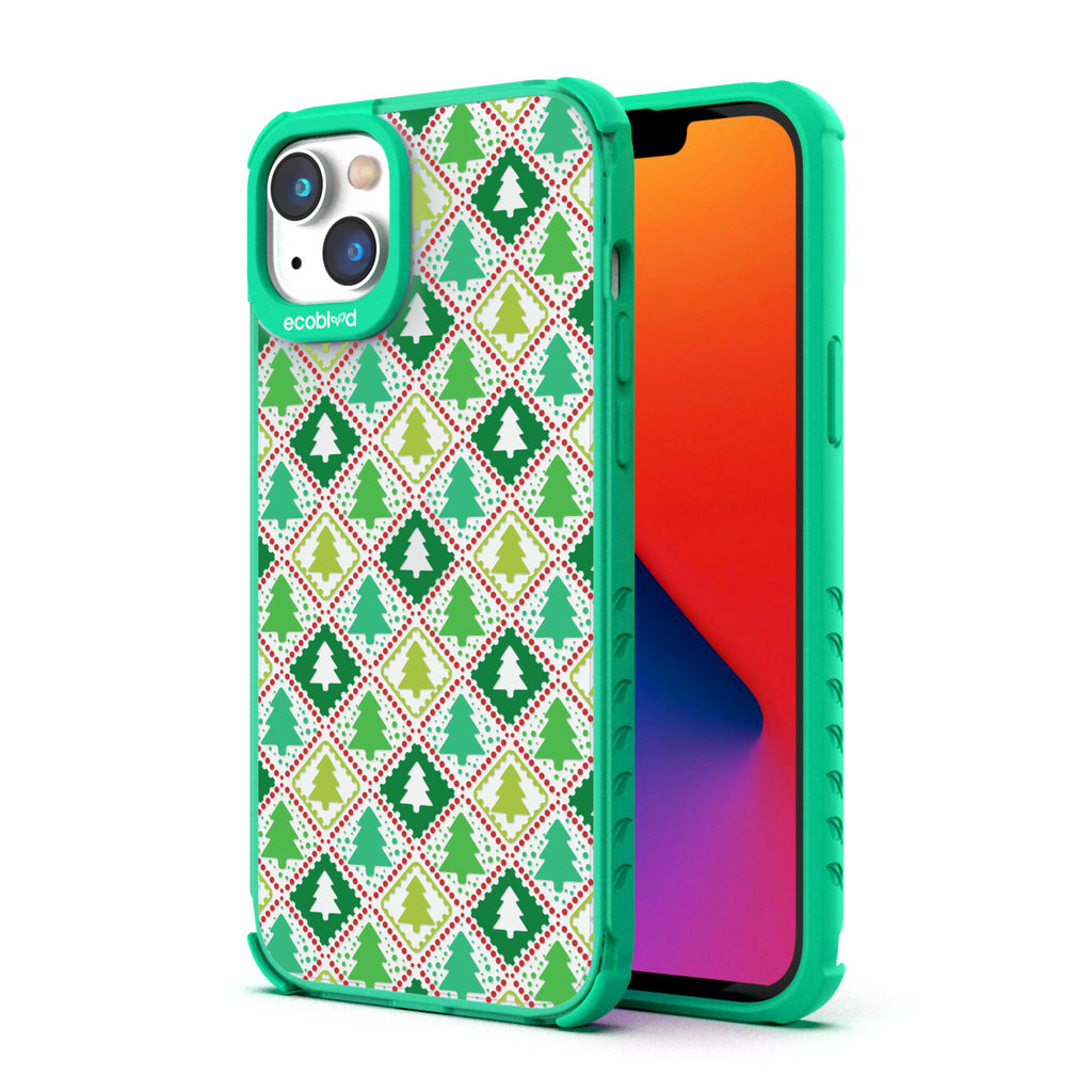 Back View Of Eco-Friendly Green iPhone 14 Winter Laguna Case With The Feeling Jolly Design & Front View Of The Screen