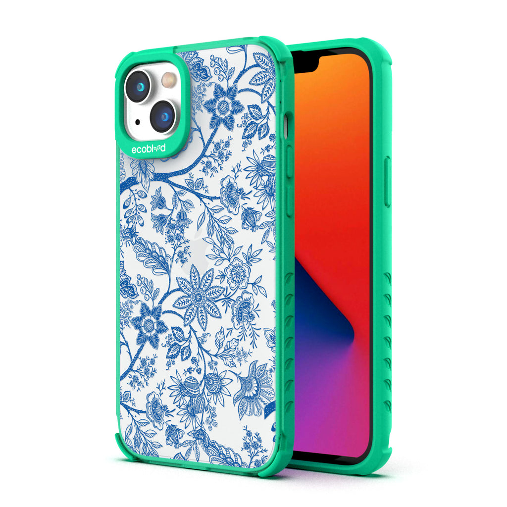 Timeless Collection - Green Laguna Eco-Friendly iPhone 14 Plus Case With Blue Toile De Jouy Floral Pattern On A Clear Back