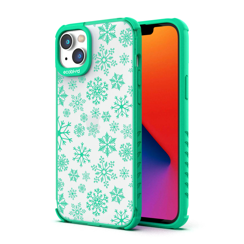 Back View Of Eco-Friendly Green iPhone 14 Plus Winter Laguna Case With The Let It Snow Design & Front View Of The Screen